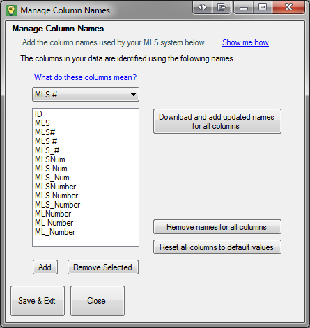 Manage Column Names screen